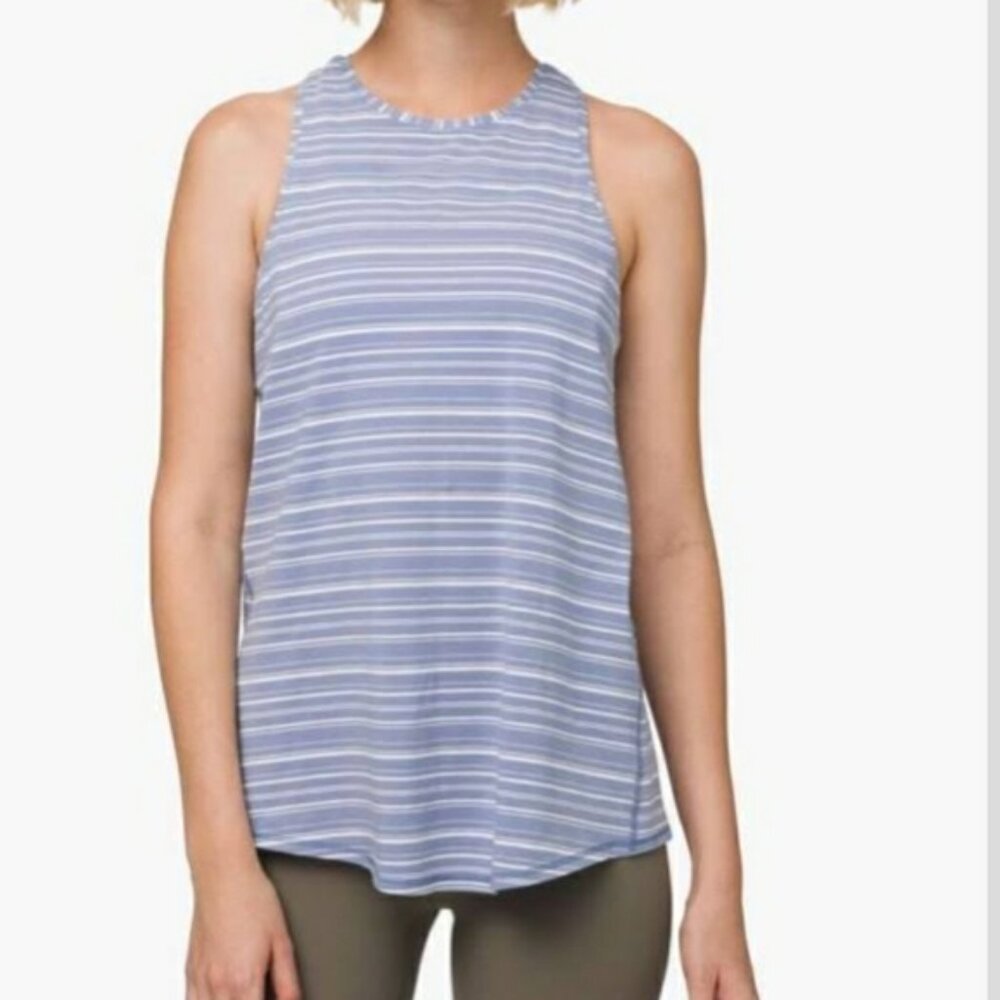 Lululemon All Tied Up Cut Back Stripe Tempest Blue White Tank Sz 4 NWOT